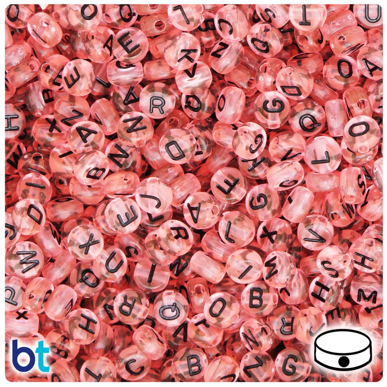 BeadTin Light Pink Transparent 7mm Coin Plastic Alpha Beads - Black Letter Mix (250pcs)